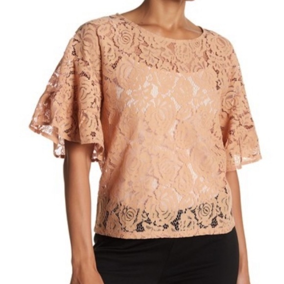 Vertigo | Lace 3/4 Sleeve Top New With Tags NWT Peach Pink Pastel Beige - Picture 1 of 7